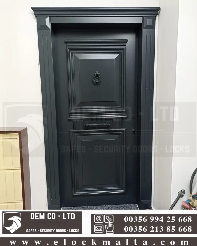 Apartment security door, wood finish, wood finish, Anthracite grey