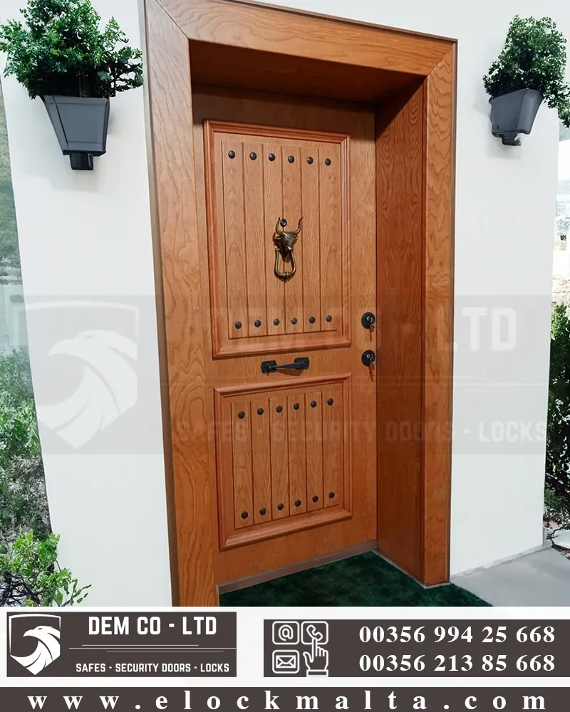 Apartment security door, wood finish, wood finish, Antiqued
