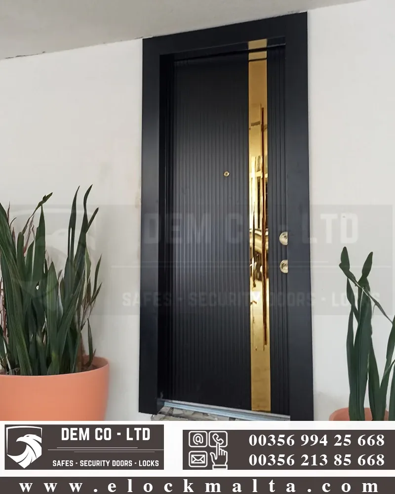 Apartment security door, wood finish, wood finish, Black striped