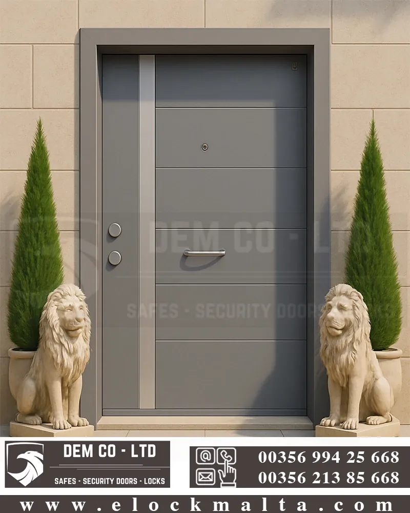 Apartment security door, wood finish, wood finish, Castle grey