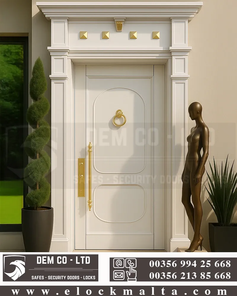 Apartment security door, wood finish, wood finish, Flex red