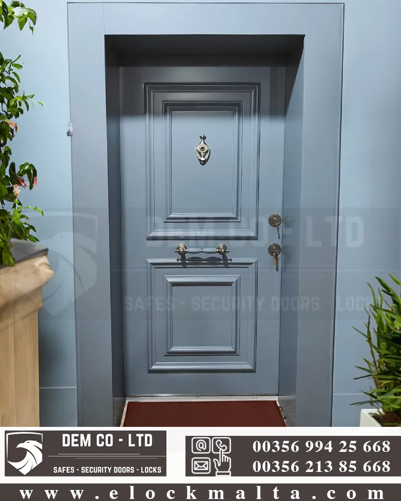 Apartment security door, wood finish, wood finish, Grey