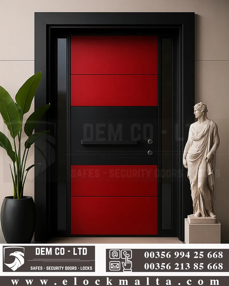 Apartment security door, wood finish, wood finish, Lamine red black