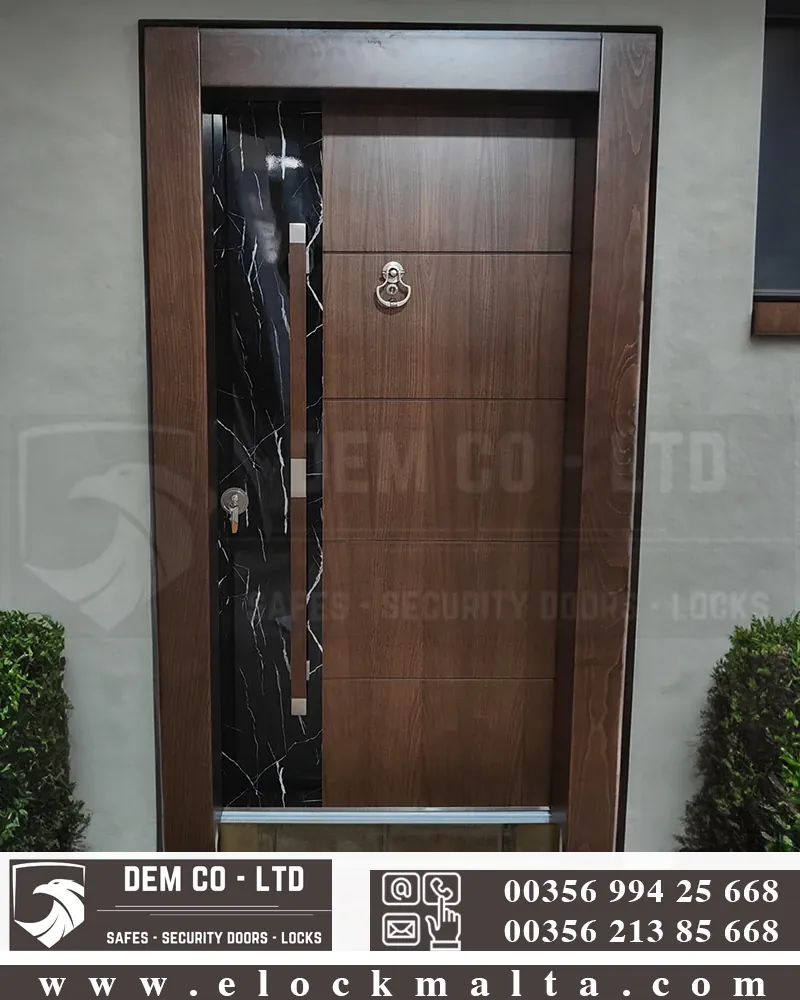 Apartment security door, wood finish, wood finish, Marble patterned