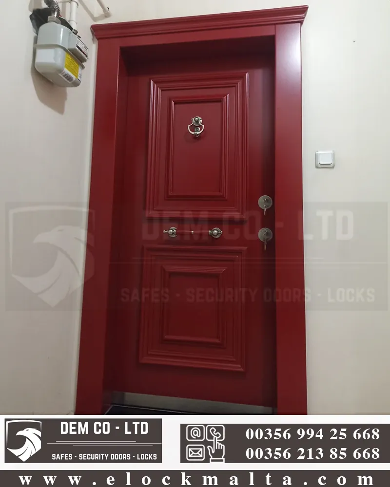 Apartment security door, wood finish, wood finish, Red steel doors3