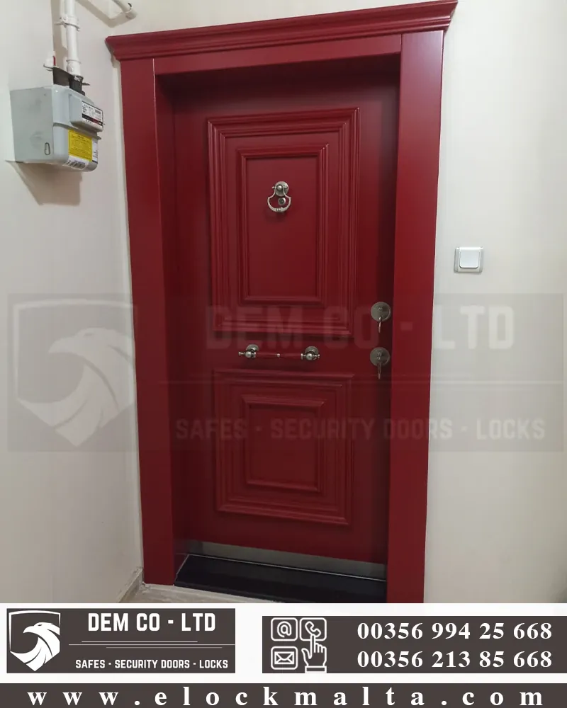 Apartment security door, wood finish, wood finish, Red steel door1