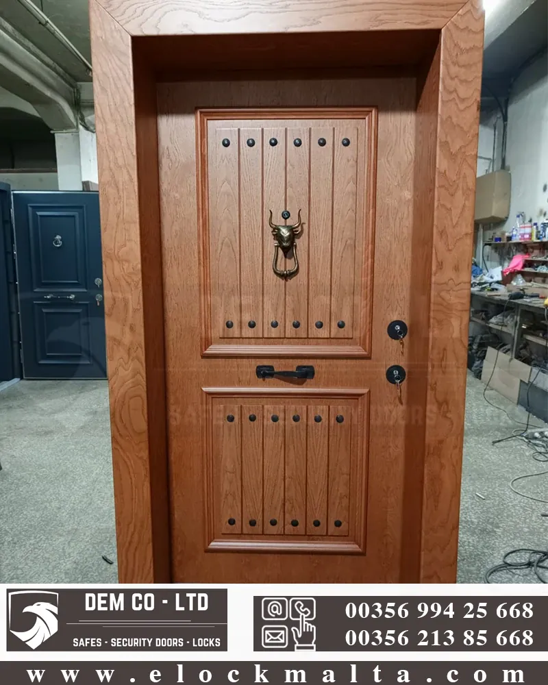 Apartment security door, wood finish, wood finish, Tumbled stee
