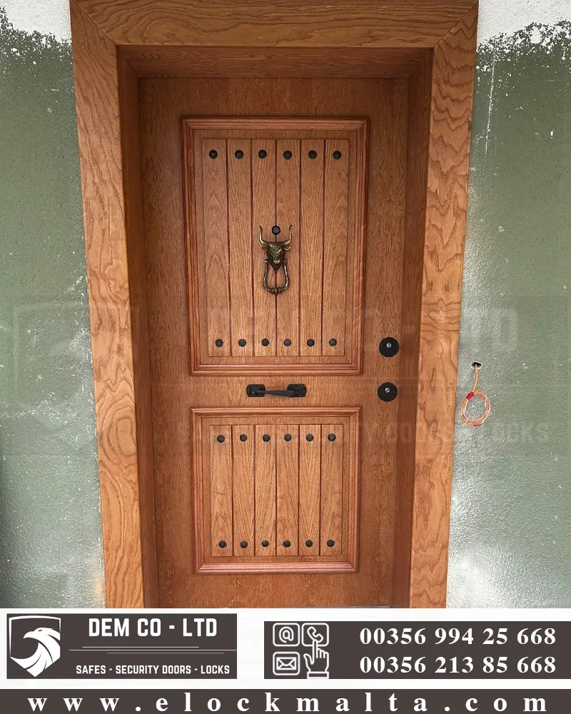Apartment security door, wood finish, wood finish, Tumbled steel door3