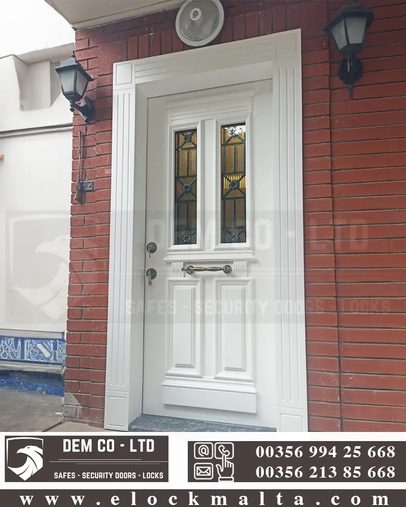 Apartment security door, wood finish, wood finish, White glazed