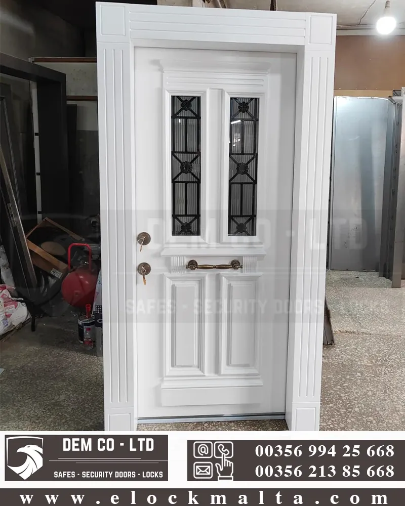 Apartment security door, wood finish, wood finish, White glazed steel door1