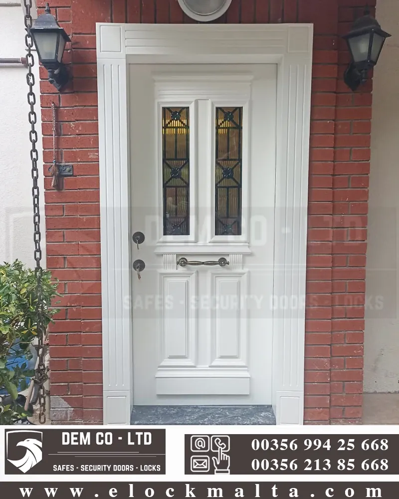 Apartment security door, wood finish, wood finish, White glazed steel door2