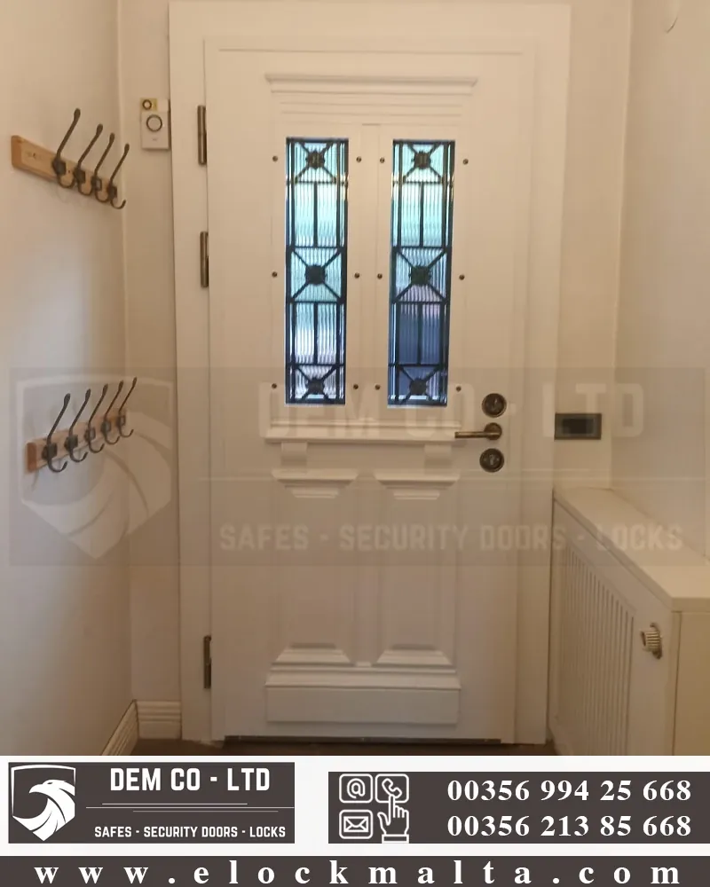 Apartment security door, wood finish, wood finish, White glazed steel door3