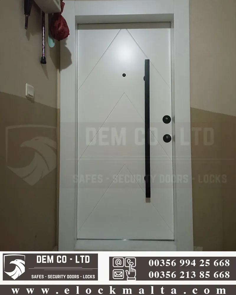 Apartment security door, wood finish, wood finish, White