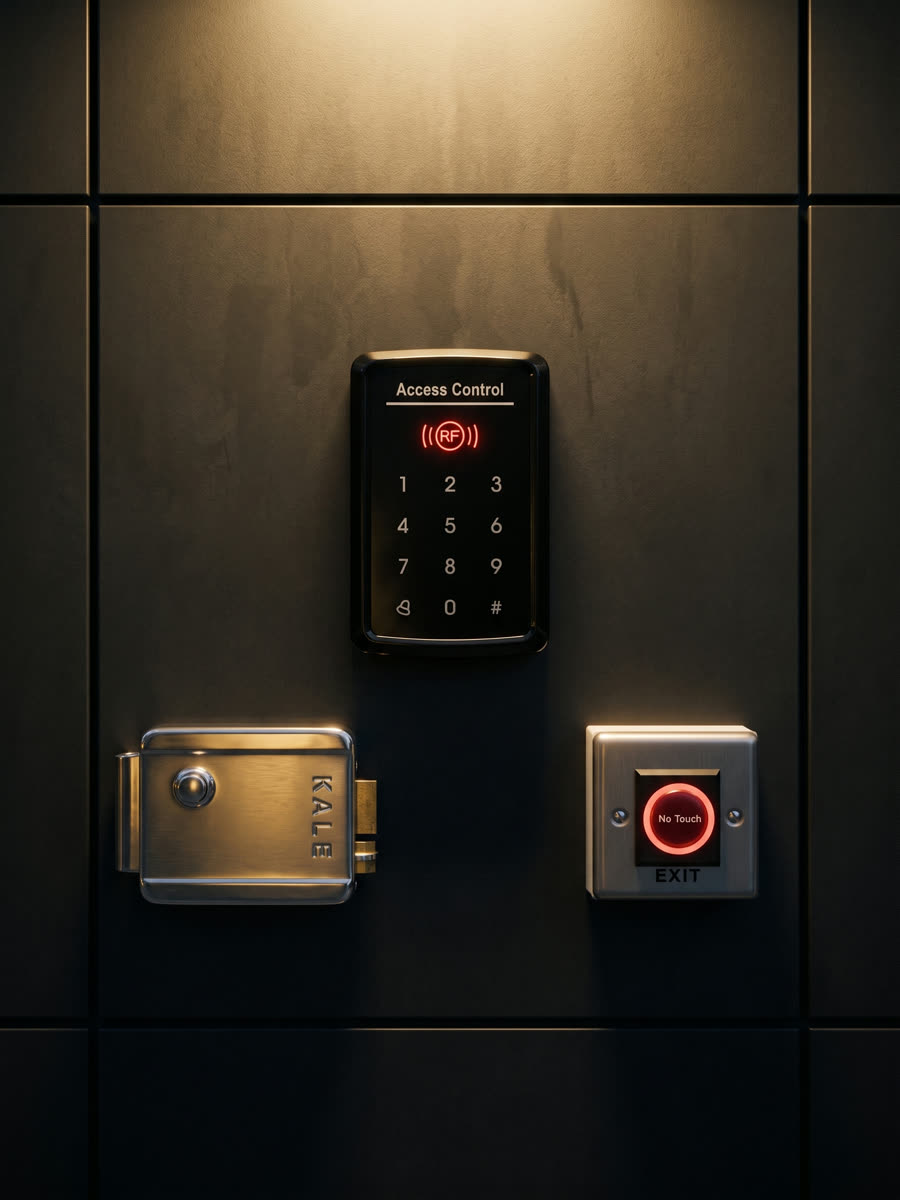 Access control keypads, strikes and exit buttons