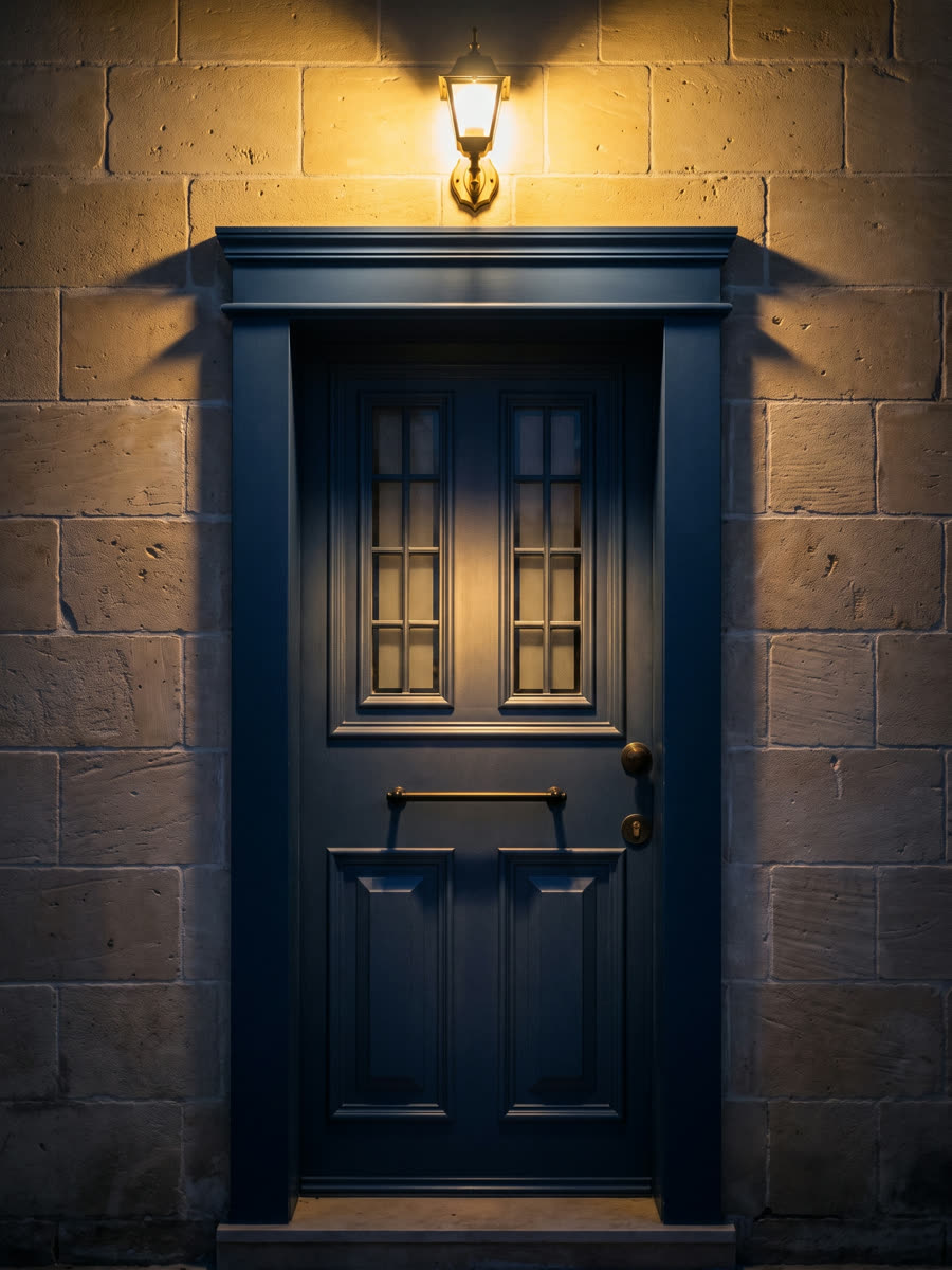 Steel security door with walnut inlay