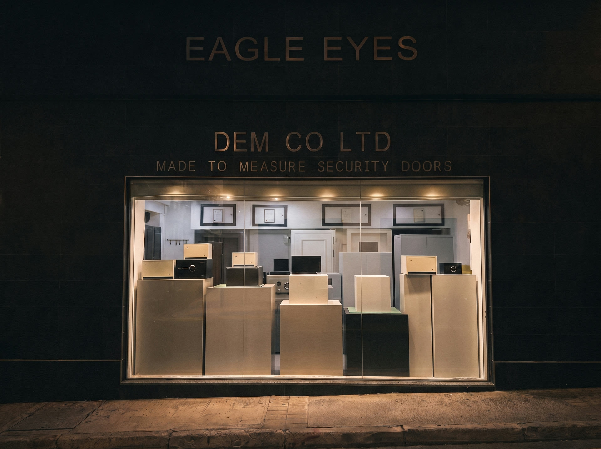 The DEMCO eLock Malta showroom front on Naxxar Road, San Gwann, at night — EAGLE EYES and DEM CO LTD signage over the lit display window